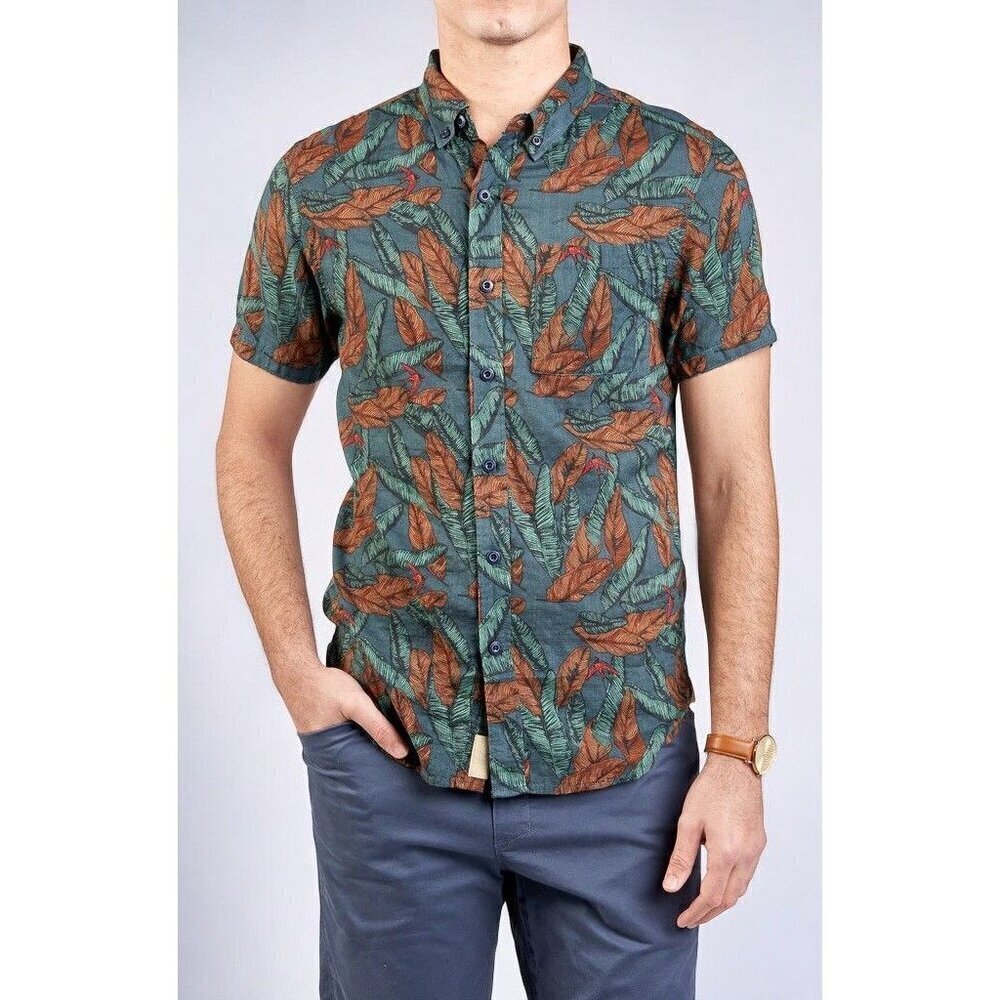Nifty Genius Mens Truman Button Collar Blue Short Sleeve Leaf Print Shirt NEW XS